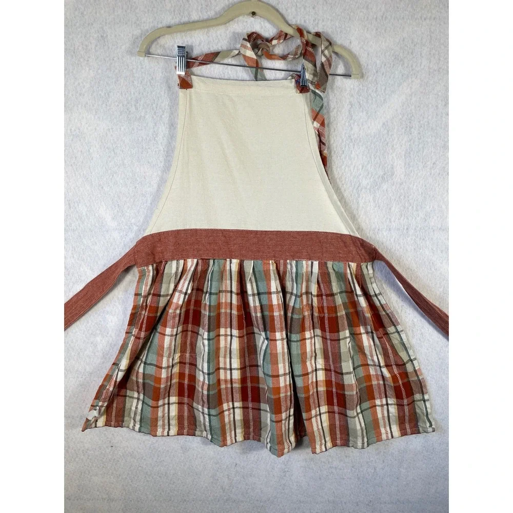 Vintage Style Plaid Ruffle Bib Apron Rust Orange Sage Green Cotton Linen One SZ